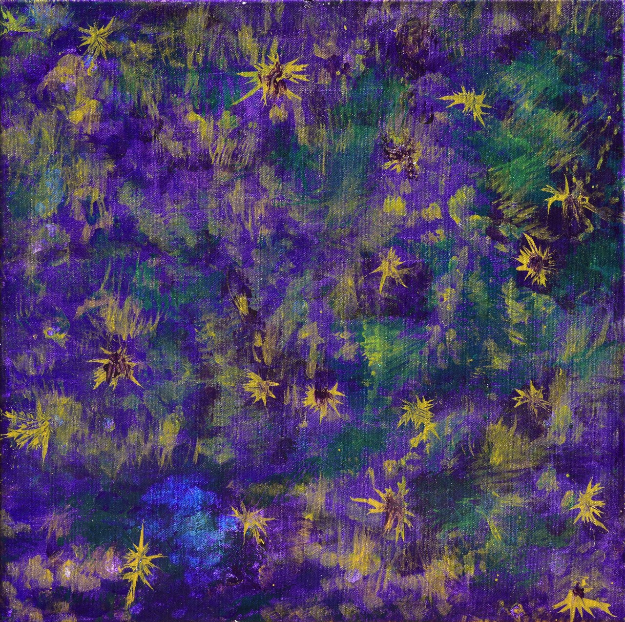 A square canvas covered with purples, blues and greens overlapping one another. There are yellow flowers with brown centers speckled throughout the purple and blue and green background, so it looks like a blurry abstract painting of golden flowers in a garden.