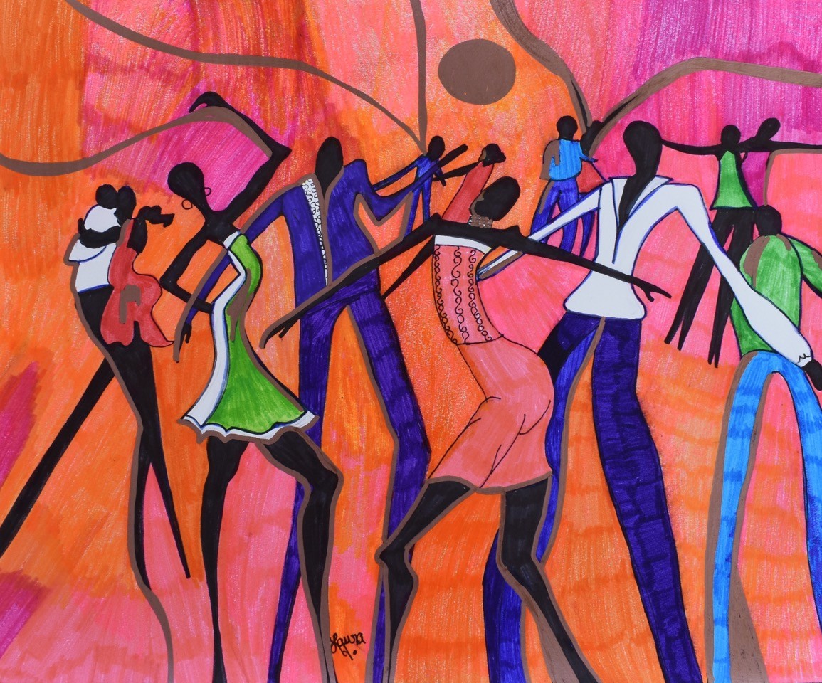 Seven tall and thin stylized black human figures in colorful outfits are shown dancing and in different poses against a bright pink and orange abstract background. The figures are simply drawn, with no real features, just images of bodies dancing. 