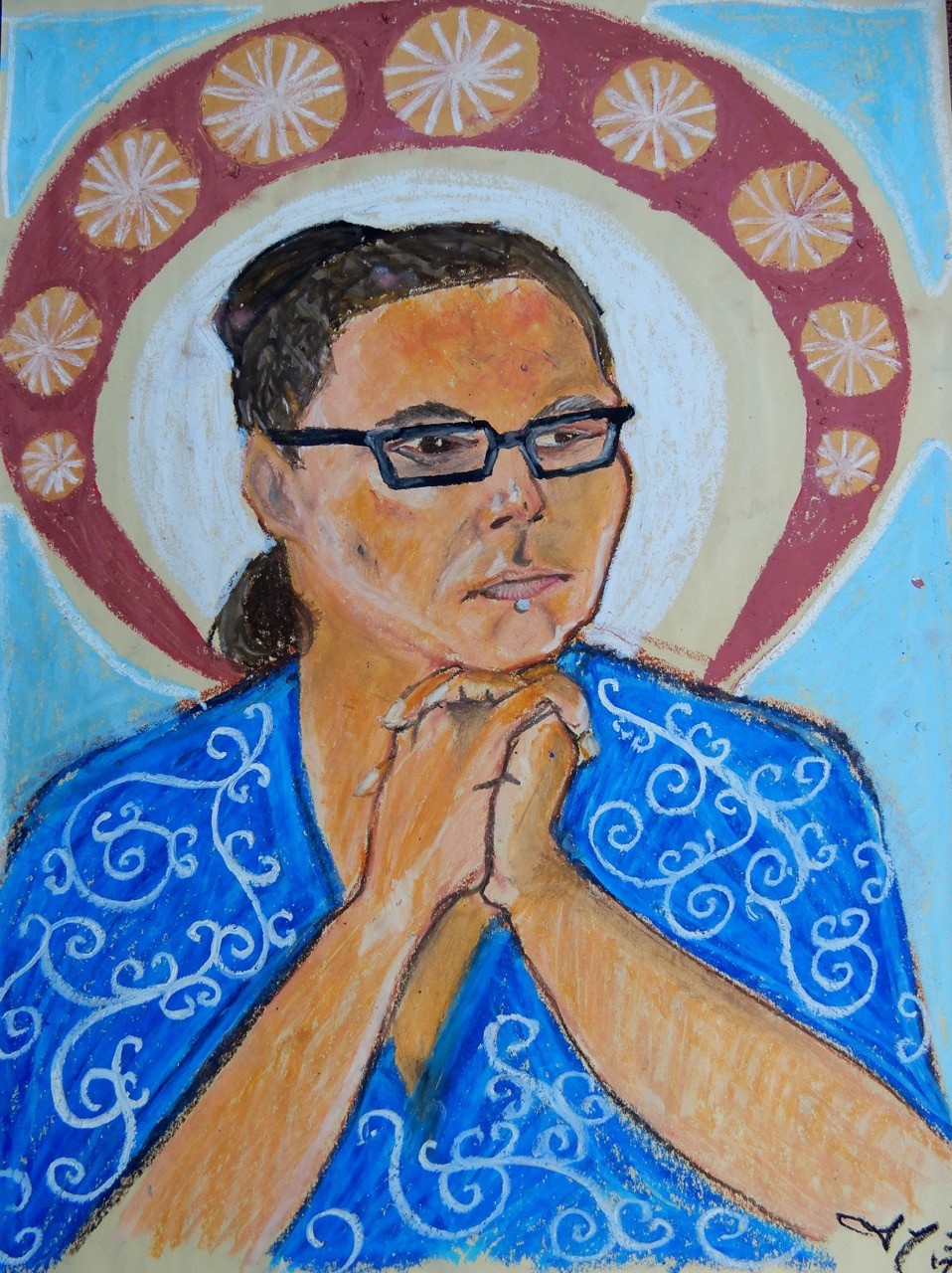 A drawing of an older woman. She has dark hair pulled back from her face, glasses, a bright blue dress with a white swirling pattern and a serious expression on her face. She is seated at a table with her hands folded up under her chin. There is a decoration, perhaps a mirror, on the wall behind her.