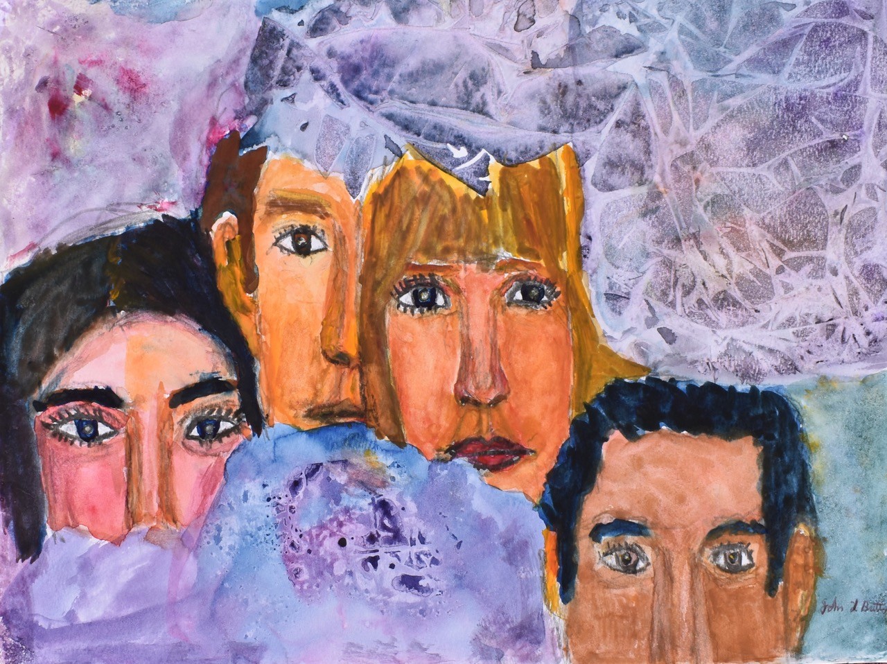 The painting shows parts of 4 faces; the faces are overlapping and appear to be two men and two women, with different complexions and hair colors. They are shown against a light purple watercolor background with lines, which looks almost like a spider web or clouds.