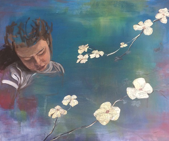 This peace is very tranquil with soft blue, purple and green tones. A soft drawing of a young girl with brown hair pulled back from her face looks down contemplatively. She is surrounded by blues and purples and greens, and three strands of white flowers, so it almost looks like she is against the backdrop of a still pond.