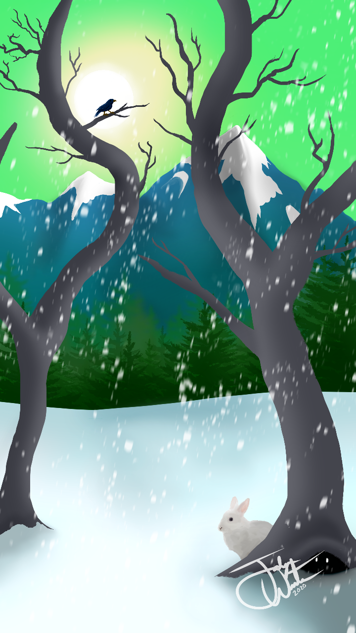 A digital “painting” of a winter forest scene on a snowy day. The sun is shining but snow is also falling on two gray trees with bar branches. The ground is covered in snow and a white rabbit is peering from behind one of the trees. In the distant background there are evergreen trees and snow-capped mountains. A black bird is perched on one of the tree’s branches.