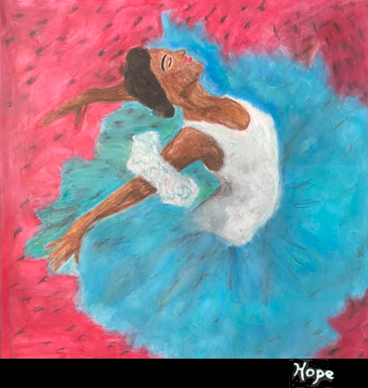 This pastel drawing shows a Black young woman who is a ballerina, in a white leotard, white ruffled sleeves, and a blue tutu around her waist. Her hair is pulled back and her eyes are closed as she poses, mid-dance, against a bright pink background.