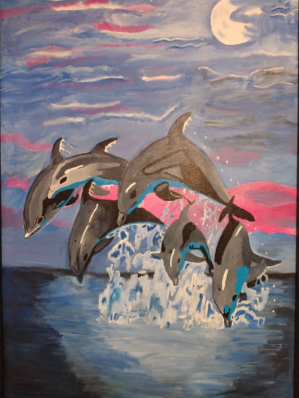 A painting of a pod of 5 dolphins leaping out of the ocean together, and causing splashes. The night sky is behind them, with pinks and purples and the moon and clouds.