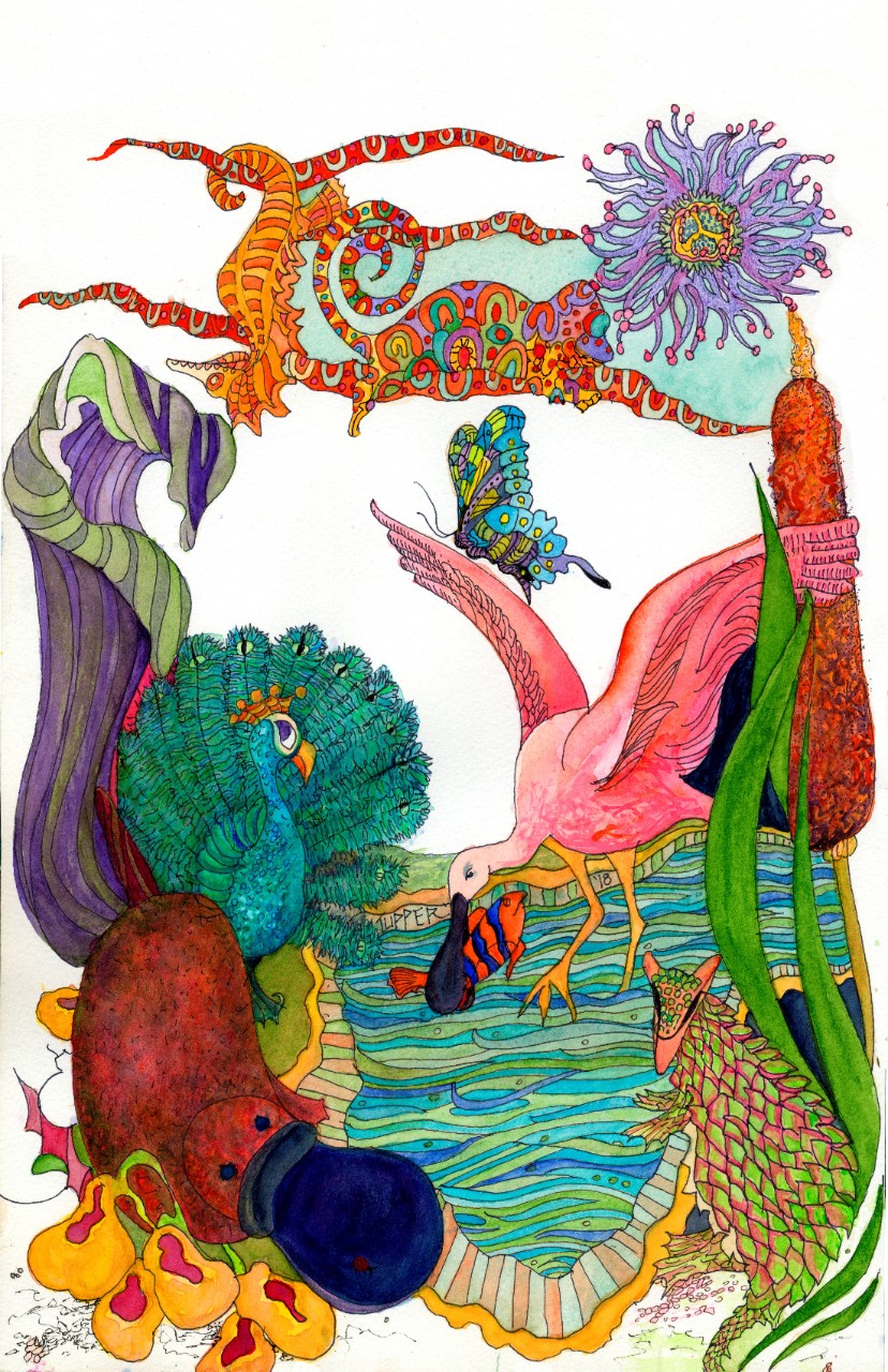 This piece is a brightly colored detailed drawing of several animals gathered around a pool of water. The pool has lots of blues and greens. A bright pink flamingo is scooping a fish from the water with its beak, and a colorful butterfly perches on the flamingo’s wing. There are a couple of colorful green reeds and a purple flower on the edge of the pool. An armadillo with pink and green scales bends over to drink from the pool. There’s a duckbill platypus in the foreground of the drawing. There’s a beautiful peacock with blue and green feathers standing behind it. At the top of the drawing, there is a swirling pattern of colors, and an orange seahorse hangs upside down from the colored lines. A sea anemone is also among the lines.