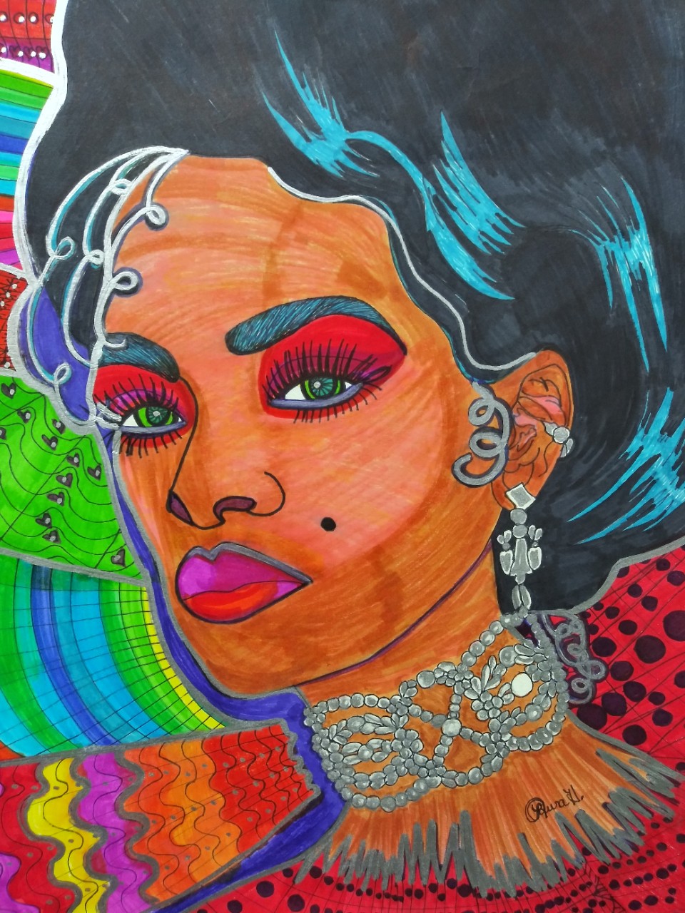 A lovely, colorful sort of abstract portrait of a woman’s face, hair and neck. Her hair is black and wavy and shown up and elegant. She is wearing diamond intricate earrings and a necklace. She has brown skin, heavy colorful makeup, and a serious, piercing look at the viewer. The background is a combination of patterns and bright colors. 