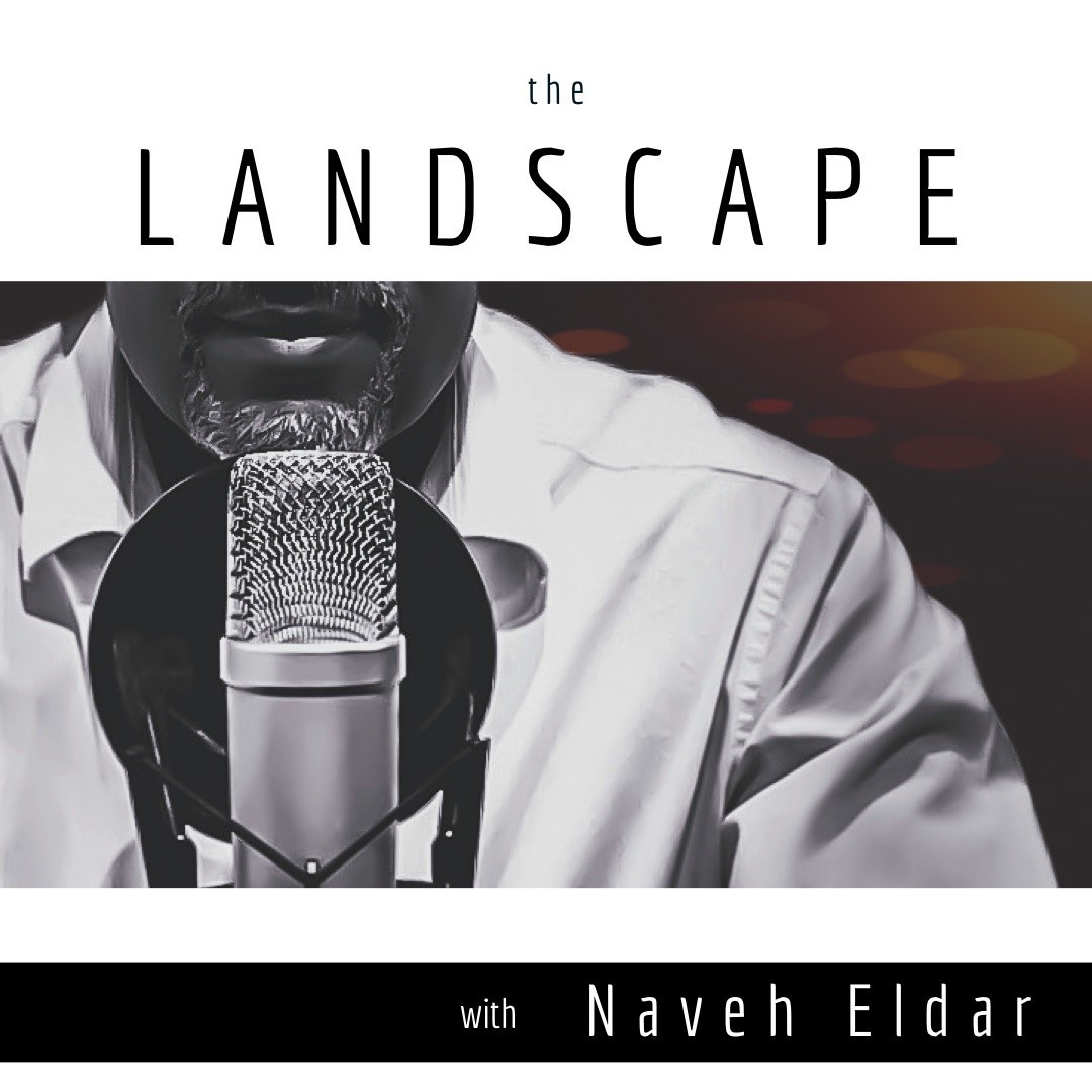 logo for the podcast “The Landscape” which shows a stylized grayscale photo of the bottom half of a Black man’s face speaking into a microphone