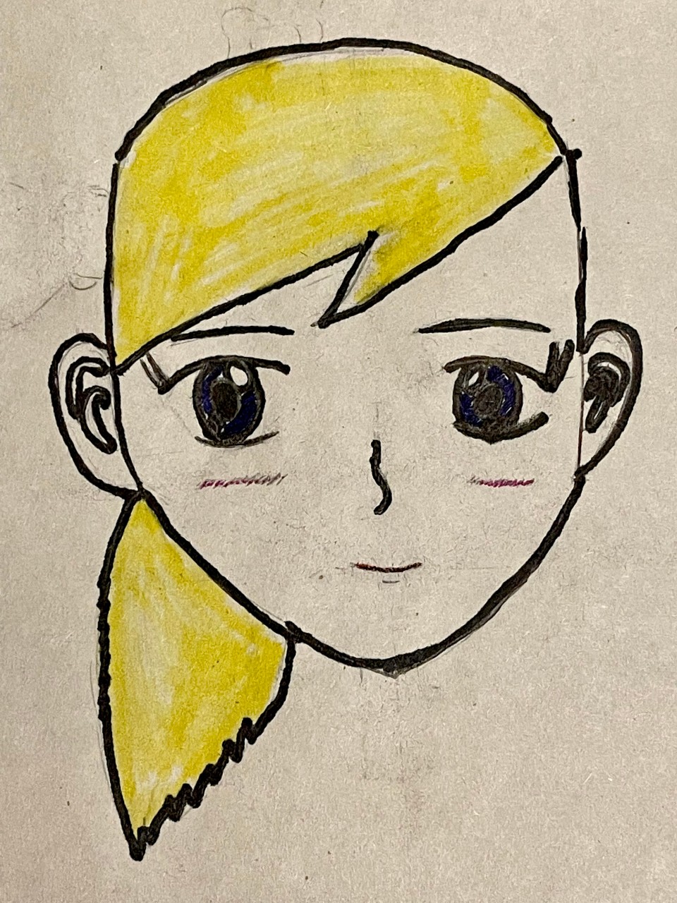 A simple pen or marker sketch of the outline of a girl’s face in the style of many anime drawings. She has yellow hair in a side ponytail and large black eyes and a small smile.