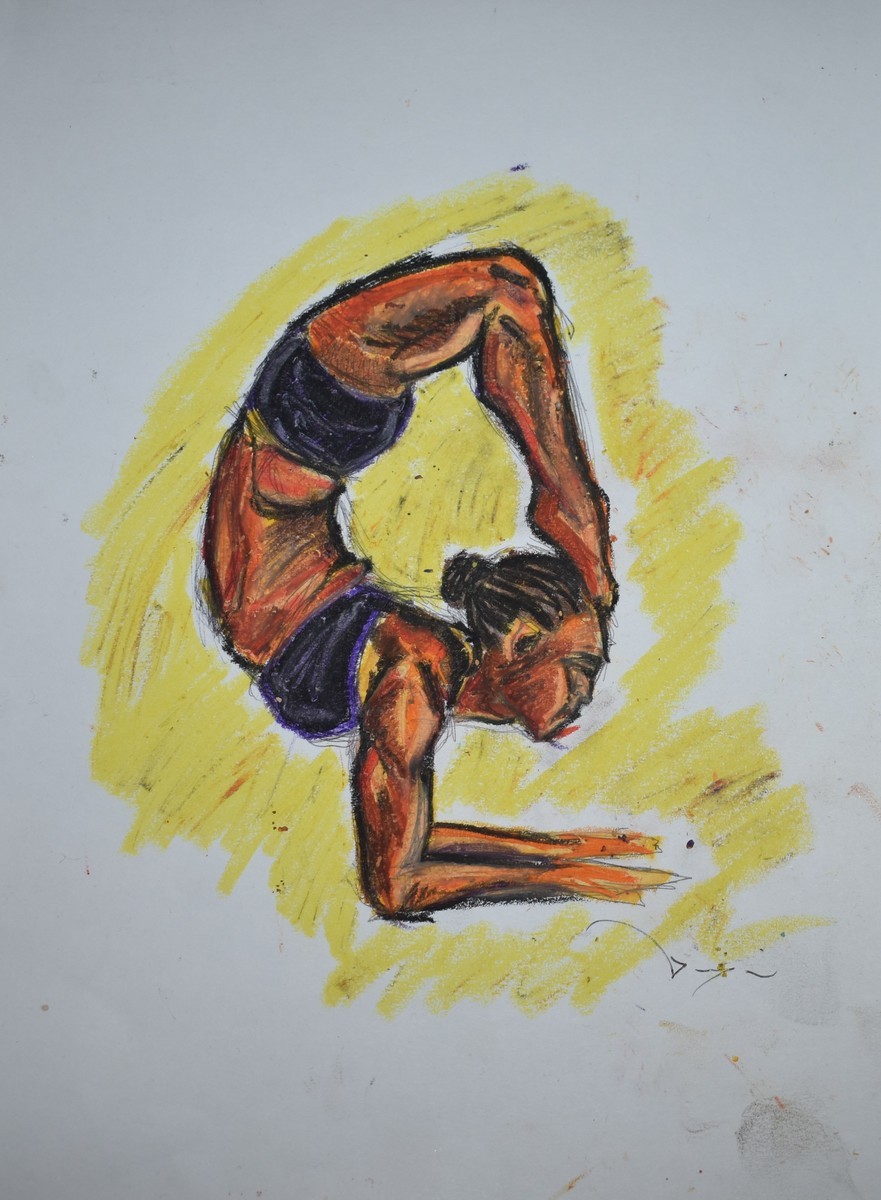 A detailed sketch of a young Black woman doing a complicated yoga position with her entire body in the air, balancing on her forearms that are on the ground. Her legs are bent behind her body up in the air to allow her feet to touch her head. Her muscles and limbs are drawn with black charcoal. She’s wearing black athletic clothes and her hair pulled back in braids in a bun. The sketch of her body is surrounded by bright yellow colors that highlight her figure.