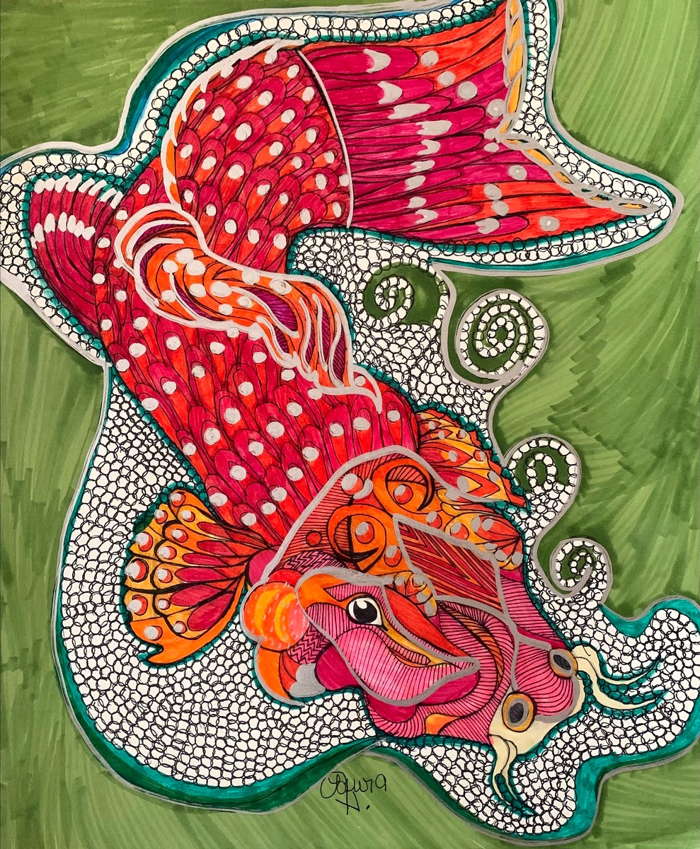 A very intricately patterned spotted and striped fish of pink, orange, blue and white colors. The drawing is very detailed with each part of the fish’s body and space around it showing many different styles and patterns like a mosaic.