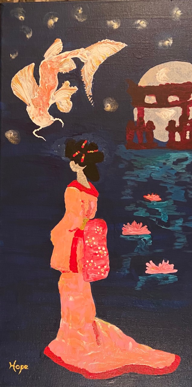 A painting in the style of a classic Japanese print. A tall slender woman in an orange and pink flowing kimono is shown from the back, standing facing a body of water at night with the moon and stars in the background. The water has pink flowers floating in it and a red pagoda stands in front of the moon. A large orange fish is leaping out above the water in front of the woman.