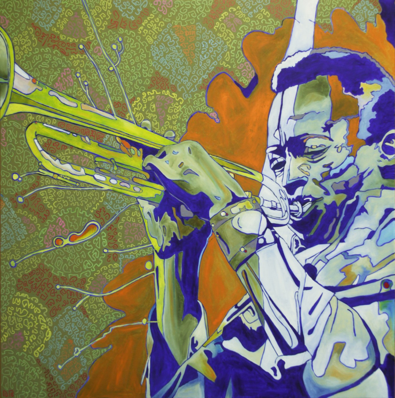 A painting of jazz musician Miles Davis playing his trumpet. The painting shows Miles in a detailed sketch of bold lines and shades of blues. He is against a background with various patterns of orange and greens and yellows. Lines and shapes emerge from the figure of the trumpet that look like small tree limbs and buds.