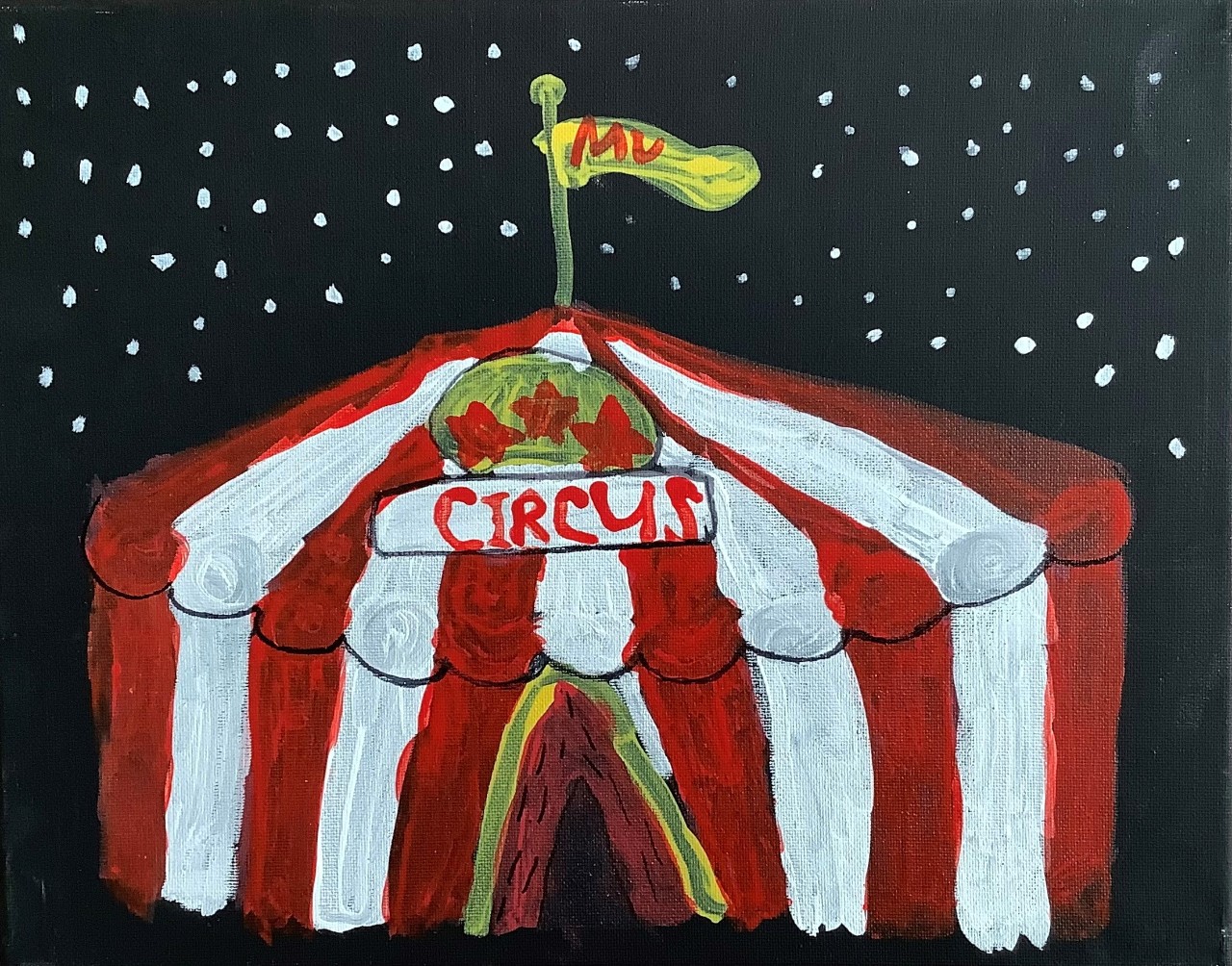 A bright red and white striped circus tent on a starry night features a yellow flag waving at its peak with the artist’s initials, M.V.
