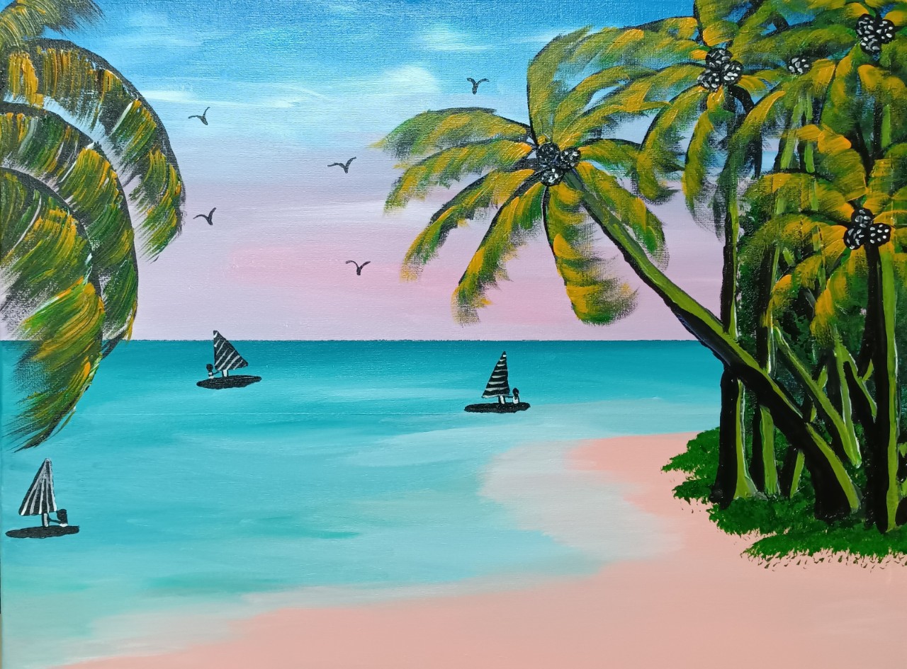 A calm beach scene with 3 sailboats shown on the peaceful ocean with sand and palm trees framing the ocean view. Birds fly over the sea in a sunset colored sky,.