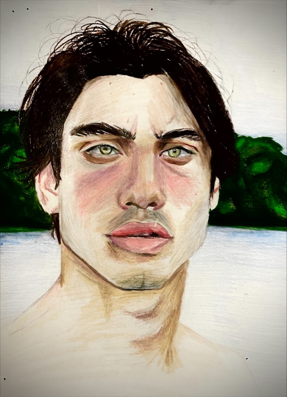 An intense and detailed drawing of a young white man’s face. He has a serious expression, tousled short black hair, and piercing green eyes