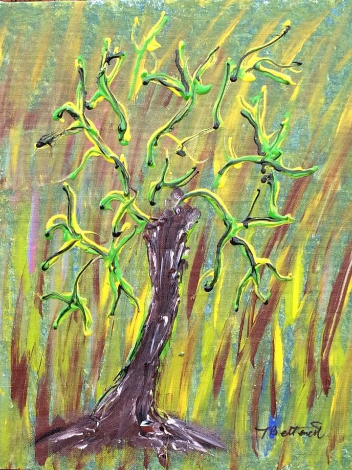 a very textured painting of a tree without leaves and many branches. Colors on the tree and in the background are yellows, purples, greens and browns.