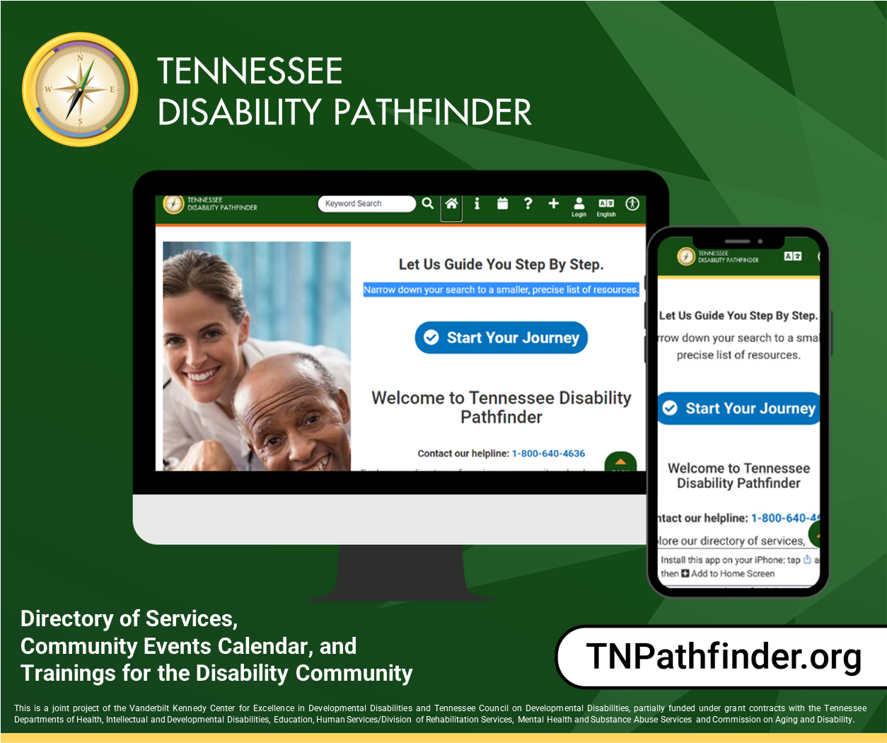 screenshot of TN Disability Pathfinder, showing accessing the site on a mobile device and a laptop browser window; includes Pathfinder logo, the URL, and "directory of services, community events calendar, and trainings for disability community"