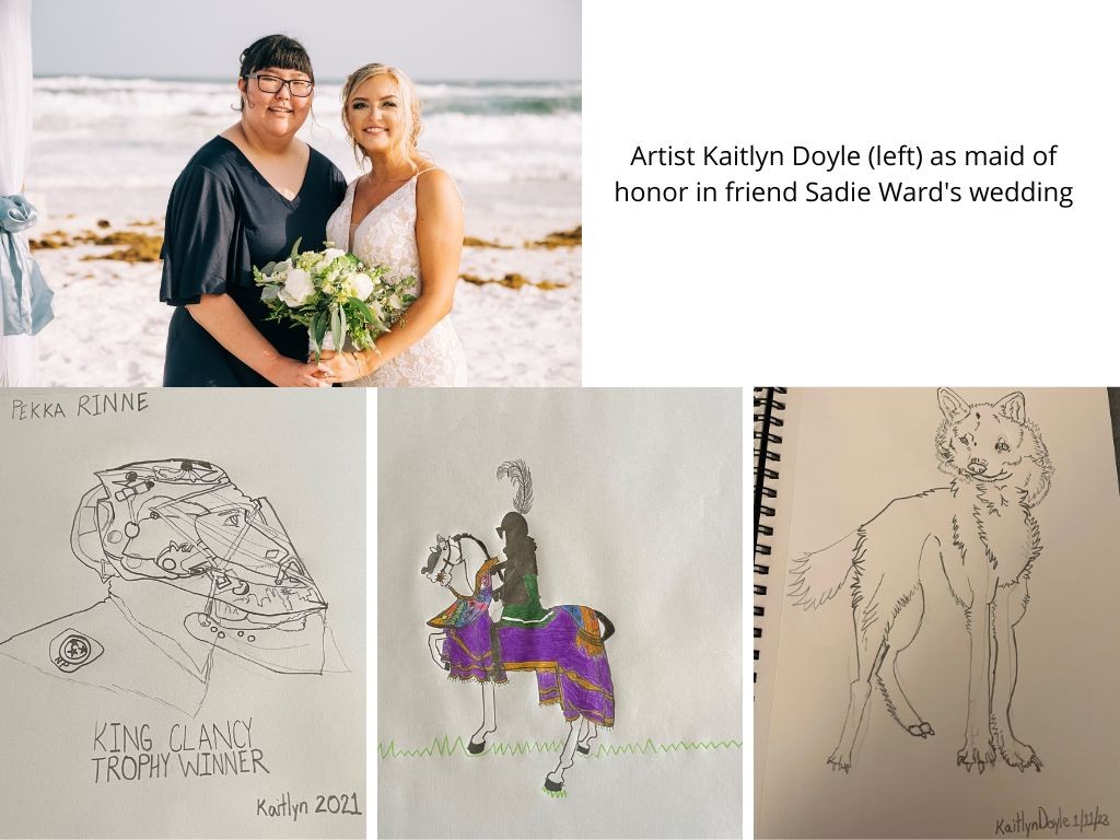 a collage of 3 sketches from the artist; one of the Nashville Predators hockey player Pekka Rinne in his goalie mask, one of a wolf and one of a knight. also includes a photo of Kaitlyn, a young Asian woman with glasses wearing a lovely navy dress on a beach holding a bouquet posed with her friend Sadie in a wedding dress