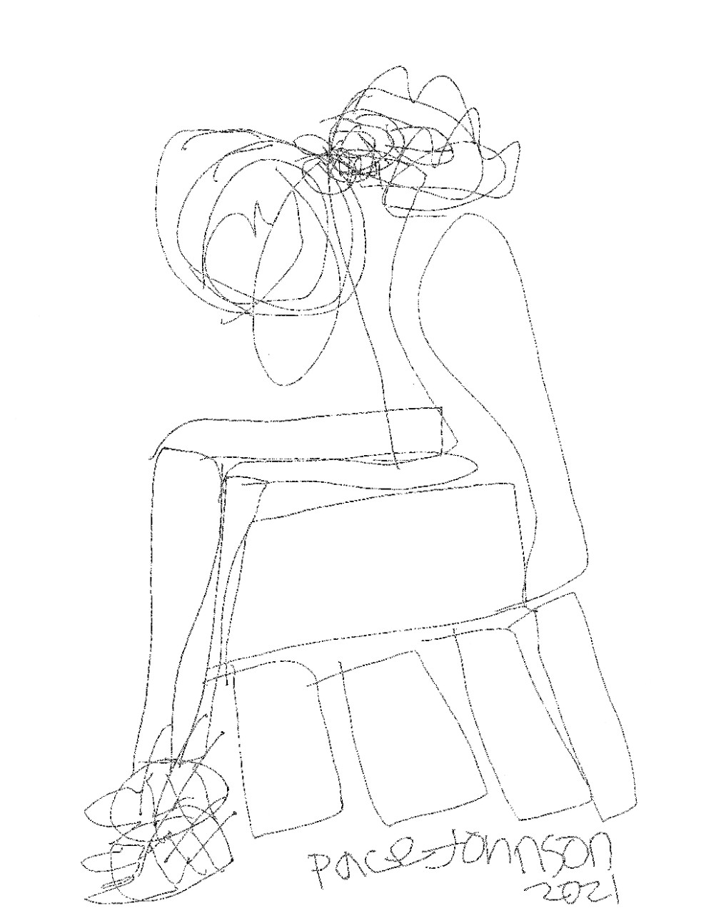 a pencil drawing on white paper of a seated man in a chair. The lines are drawn with a bit of chaos, suggesting movement – the head and the ice cream cone are just spirals and squiggles.