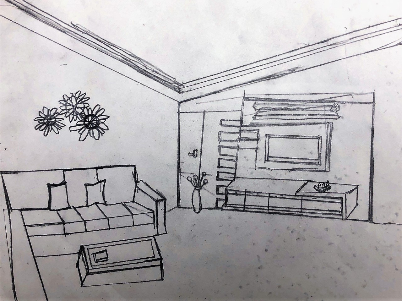 a pen sketch on white paper of a living room showing the angles of the walls, a sectional couch, a coffee table with a book, potted flowers and more