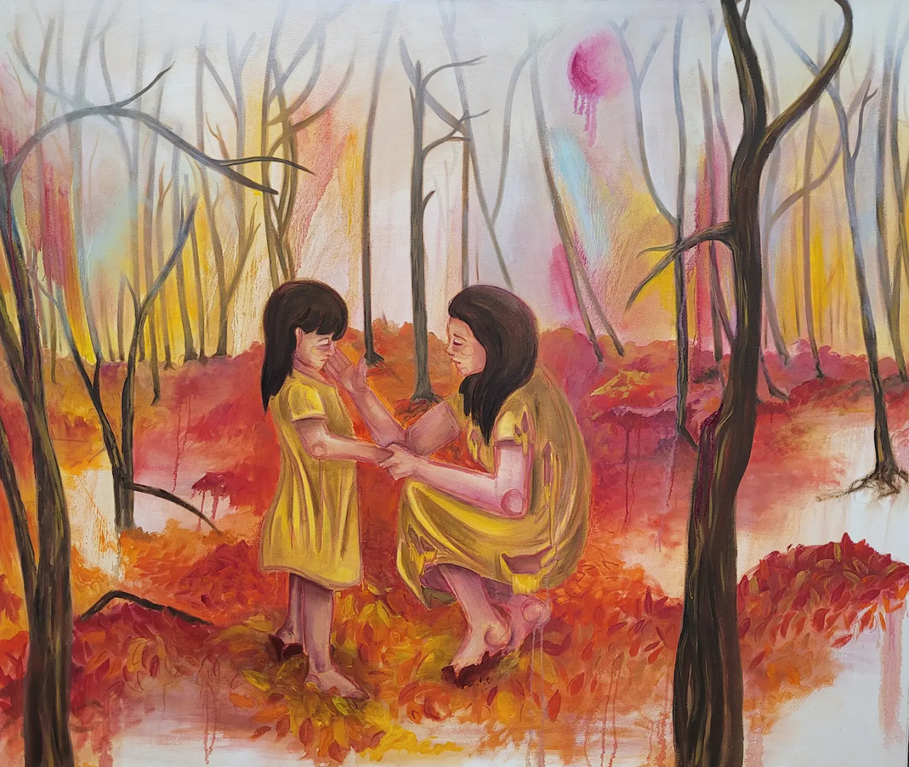a little girl with brown hair and a yellow dress stands barefoot in a forest, looking a little sad or scared, while a brown-haired adult woman in a matching yellow dress crouches down to comfort the girl. She is also barefoot and is holding one of the girl’s hands and touching the girl’s face with her other hand. They are standing in a forest setting of red, yellow and orange leaves on the ground and bare trees in the background.