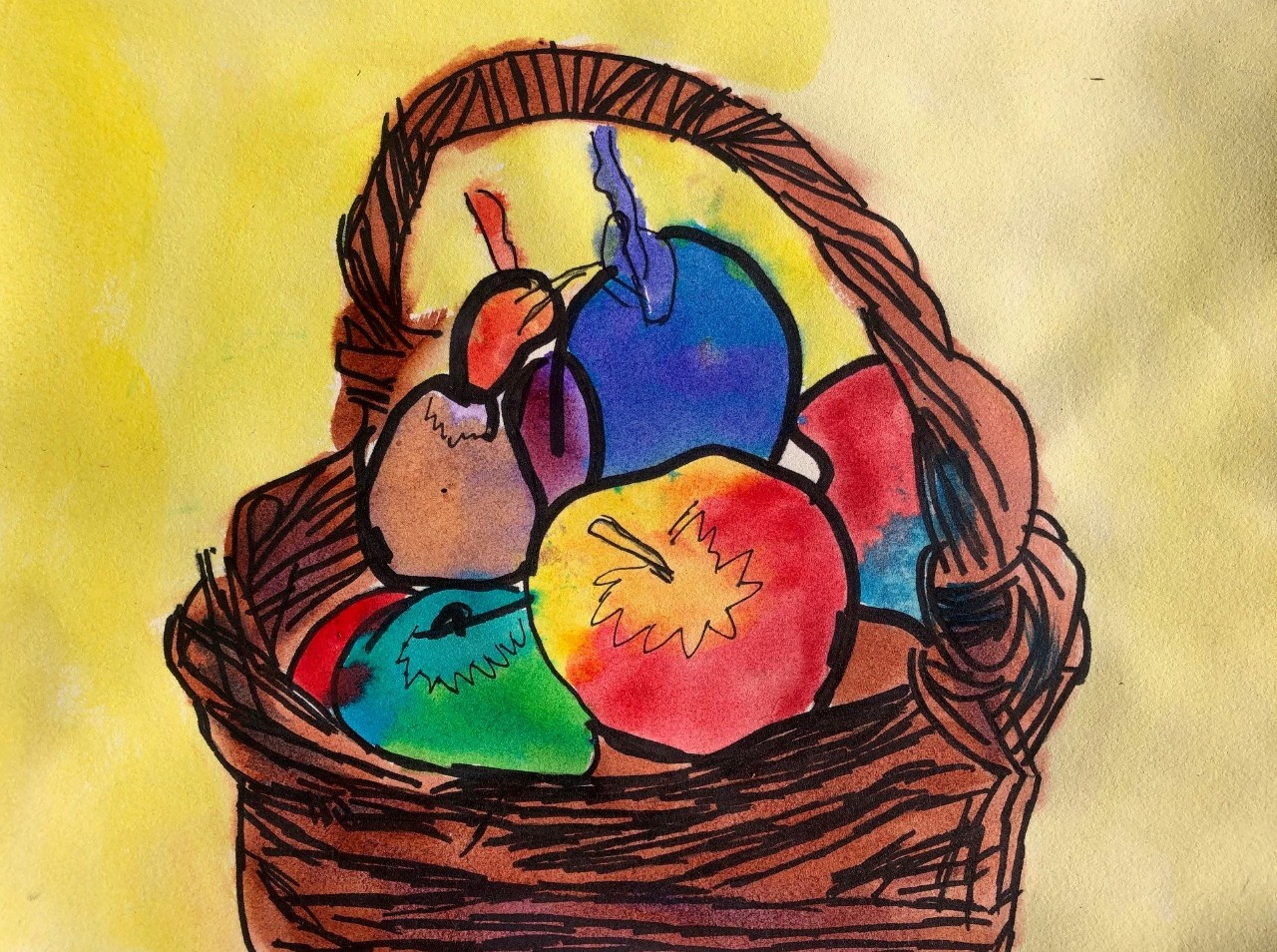 a watercolor painting and sketch in pen of a brown basket holding an assortment of colorful fruit