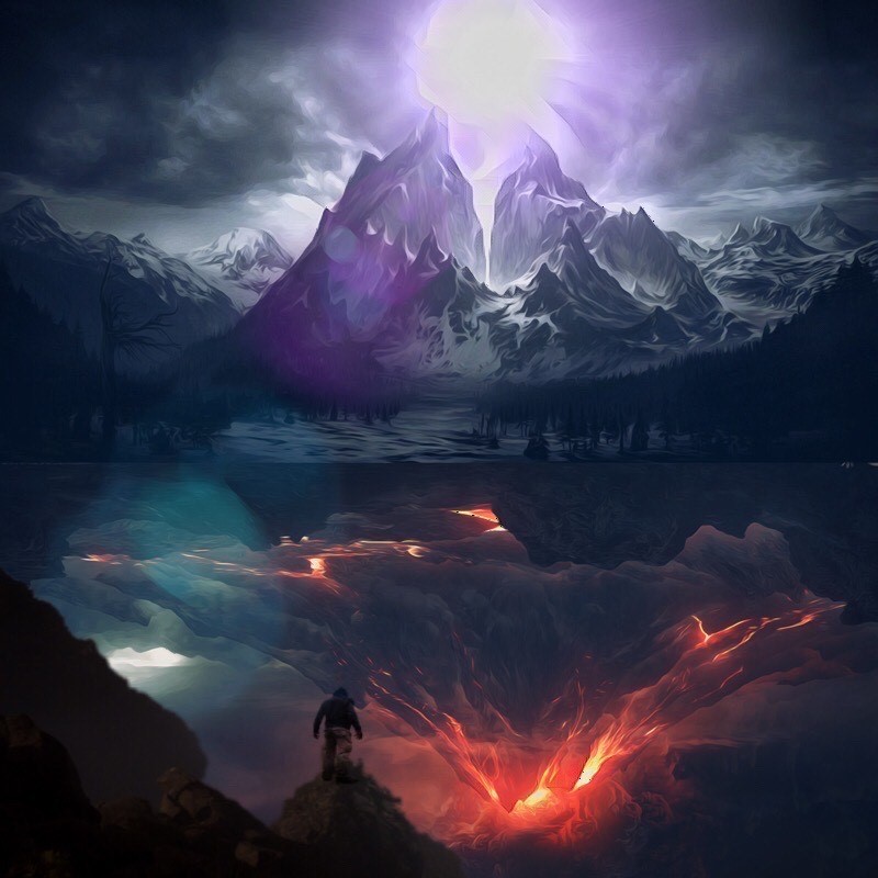 a work of digital art showing a figure at the edge of a cliff in the foreground, facing a huge mountain range in the distance, topped with a glowing moon and dark storm clouds. Between the person and the mountains, there appears to be a reflection of the mountain in a body of water, but the reflection shows the mountains as glowing red and orange, like a volcano.