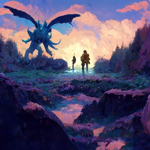 a colorful but blurry digital art creation that shows a lush landscape of forests, rocks and a river, and two figures of different height in the distance facing some sort of large winged mystical monster or creature