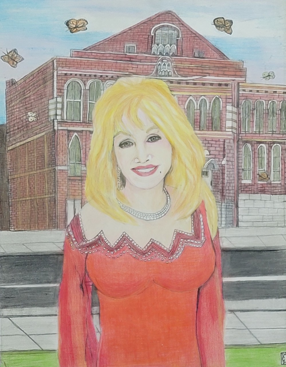 a detailed colored pencil sketch of Dolly Parton standing in front of the Ryman Auditorium wearing a red dress and surrounded by a few butterflies.