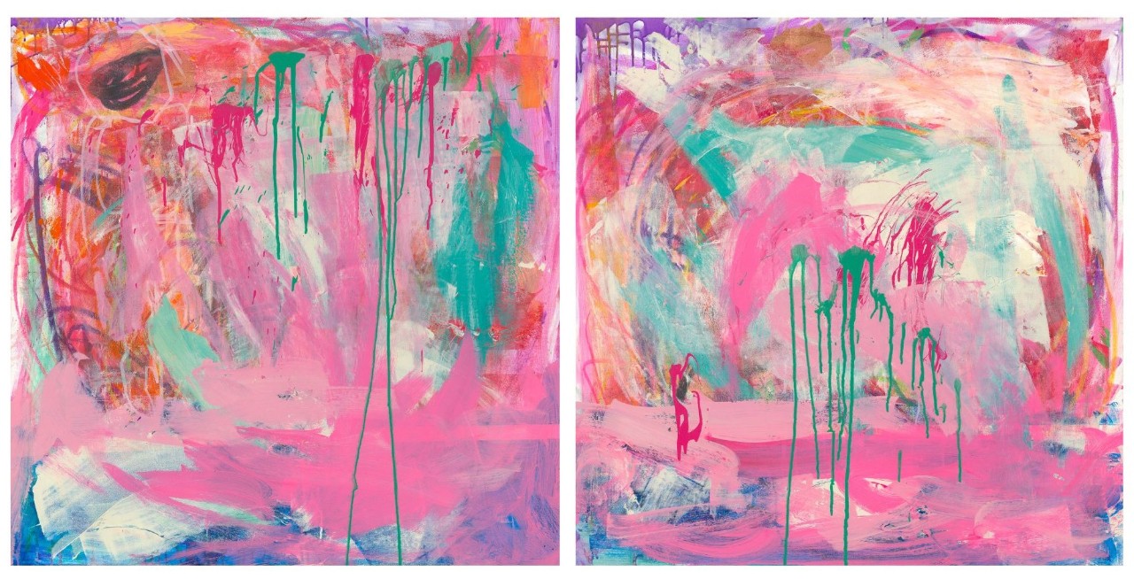a diptych (2 side by side square paintings) with a base of bright pink and splashes and streaks of other colors, including teal, orange, red and blue