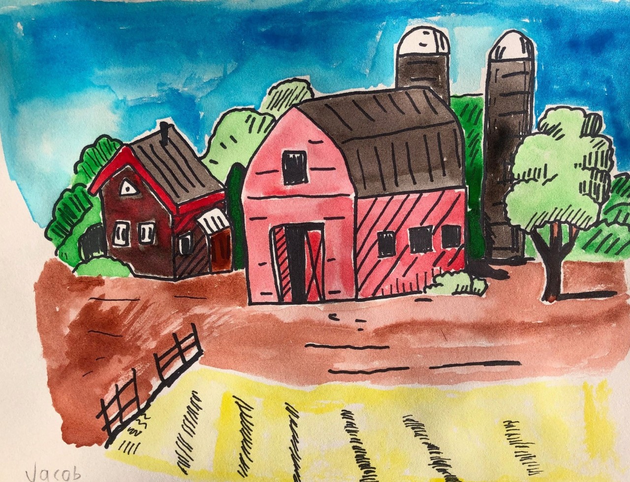 a vibrant colorful cartoon-like drawing of a red barn, a brown and house farmhouse behind it, a field in front of it, and trees and around it
