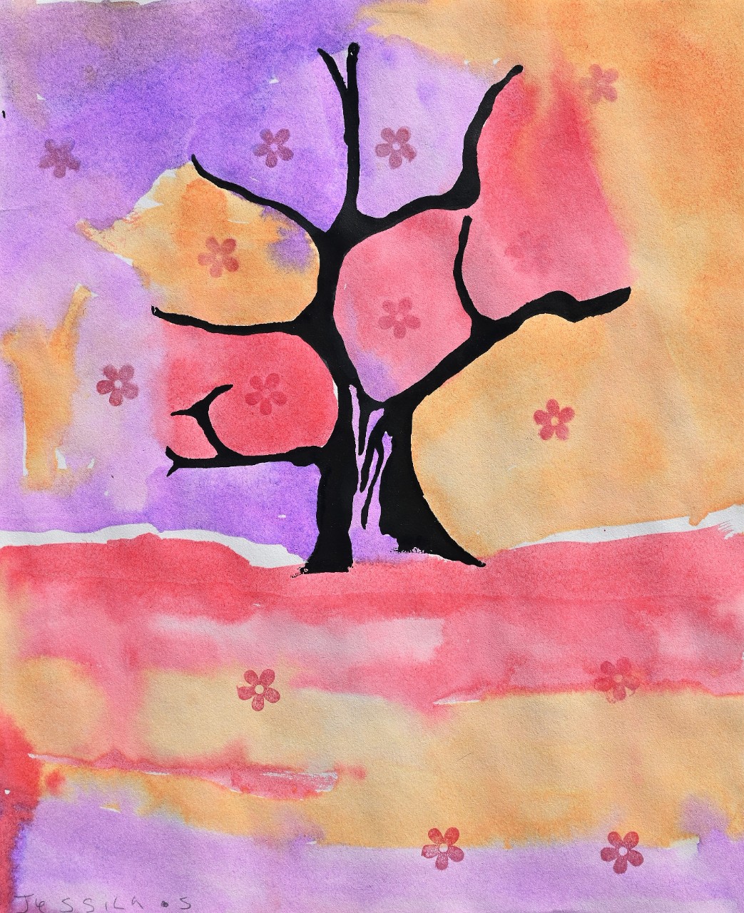 a drawing of a black tree bare of leaves, with the rest of the paper painted in soft watercolors of purple, pink and orange. Little pink roses are falling all around the tree and onto the ground.