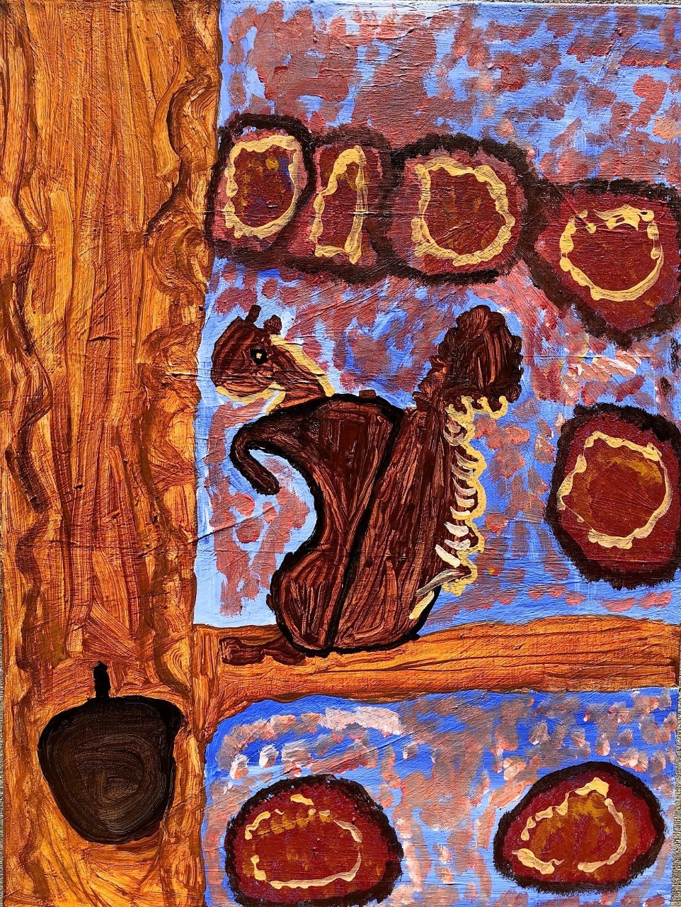 a painting of a brown squirrel on a tree branch surrounded by acorns. The painting is a bit rough and textured with browns and yellows and blue in the background behind the branches and squirrel.