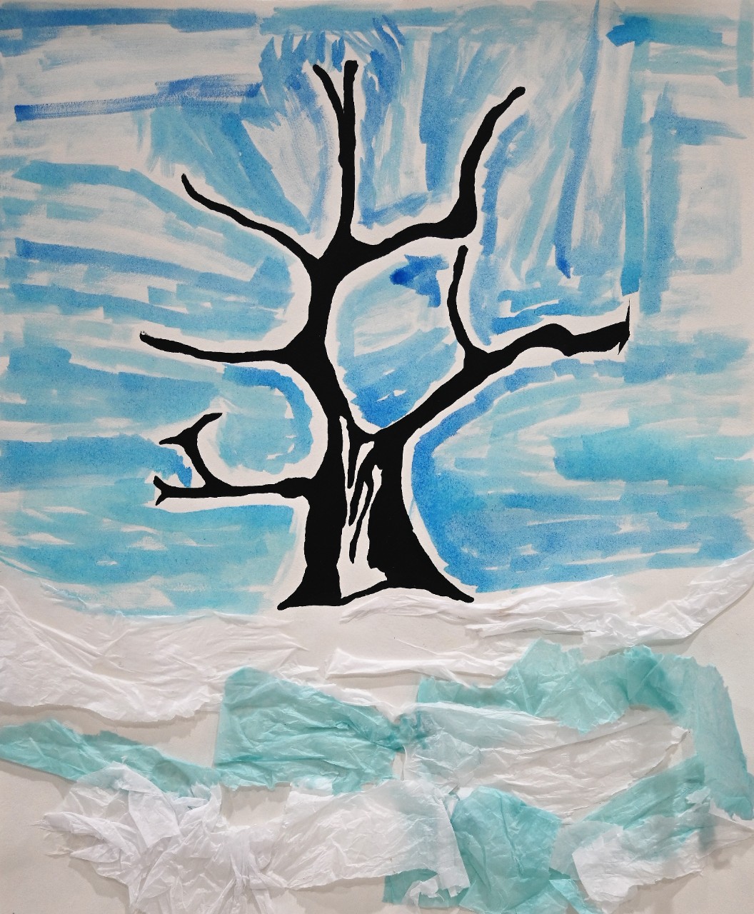 a colored drawing of a black tree, bare of leaves, on a winter’s evening with the blue sky behind it and white snow on the ground shown as both blank paper and white tissue paper, some of which is dyed light blue.