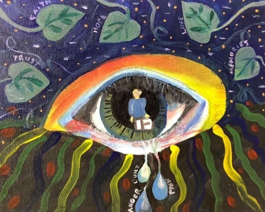 a painting of a large eye with a figure of a person in the iris. above the eye are leaves decorated with words like "trust, faith, hope, love, memories". below the eye are tears, with the words "anger, guilt and pain"
