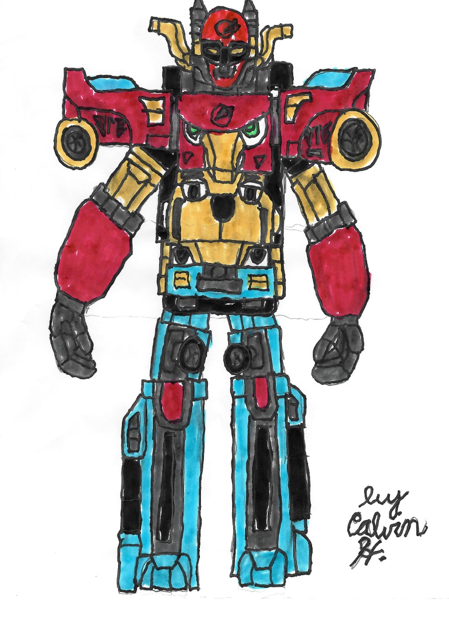 a detailed colored drawing of a robot character from Power Rangers with red, yellow and blue colors.
