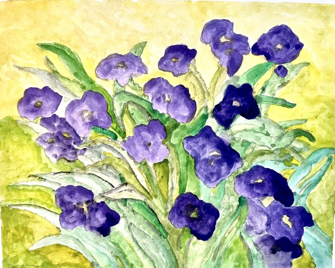 a painting of several pretty purple flowers growing with green stems and leaves against a yellow background, maybe in a field
