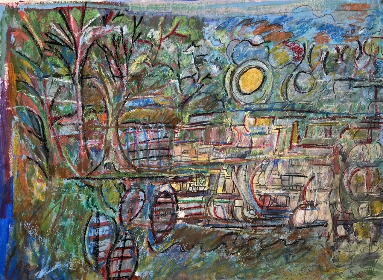 A somewhat abstract drawing with oil pastels; appears to be trees, a yellow sun, and some buildings