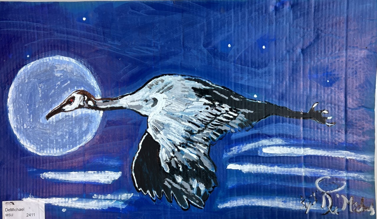 a painting of a blue night sky and silver moon with a large white and black bird, possibly a heron, flying in front of it