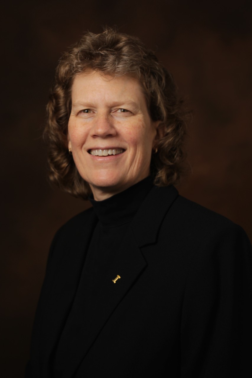 A headshot of a middle-aged white woman with short curly brown hair wearing a black shirt and blazer