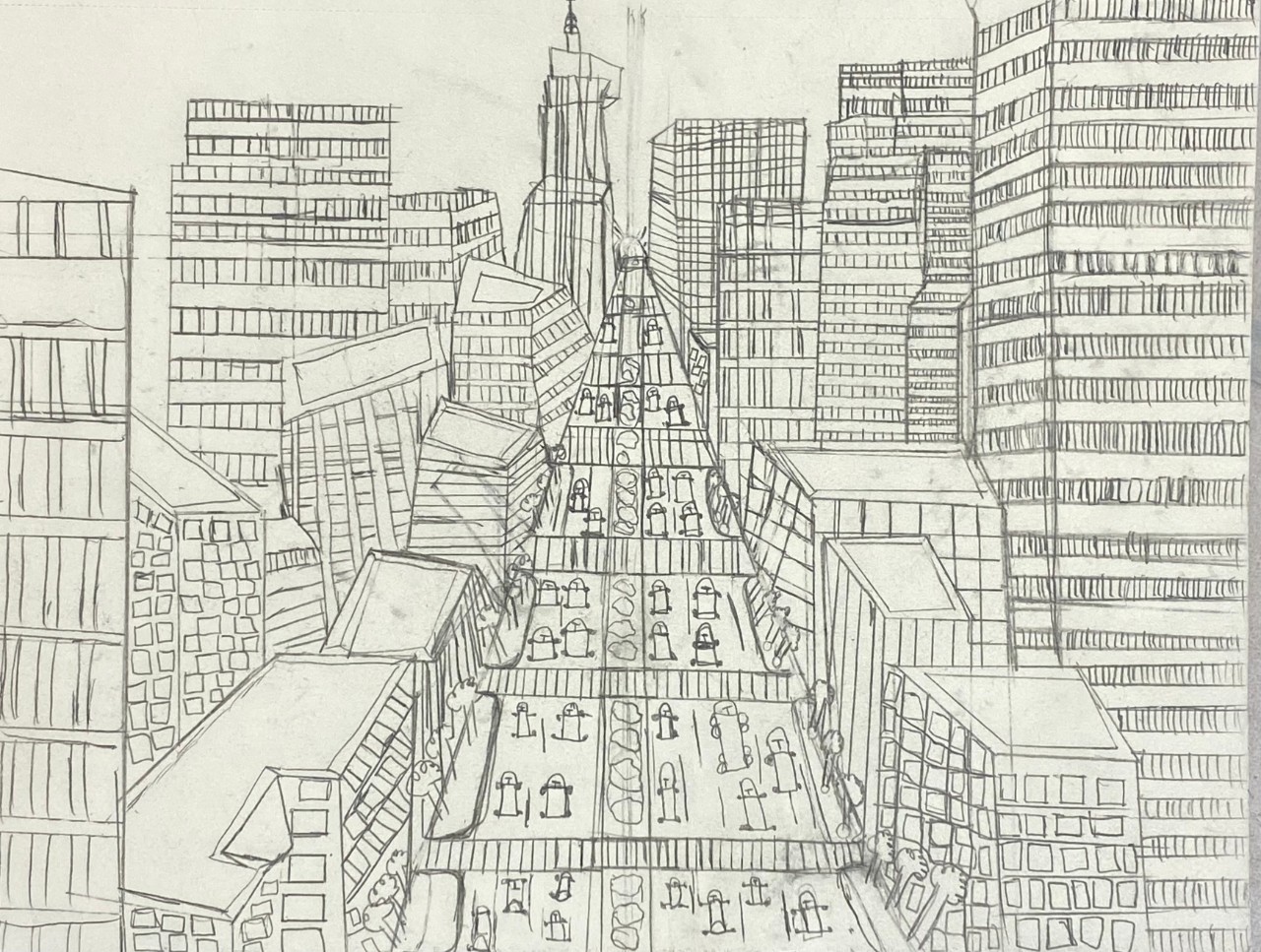 A line drawing shows a busy city street crowded with cars, viewed from high above. Tall buildings loom on either side and diminish toward the vanishing point.