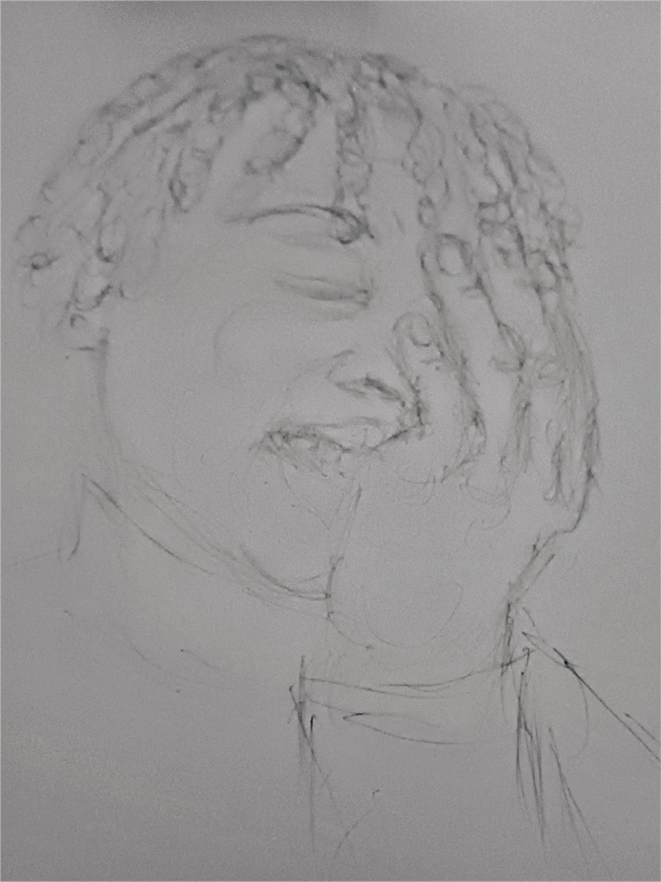 a black-and-white line drawing shows a young woman with curly strands of hair. Her eyes are closed and her hand is covering the left half of her face. 