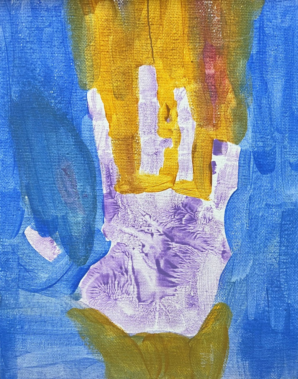 A purple and white handprint features prominently at the center of a vertical, rectangular image. Behind the handprint, a wide band of golden yellow with subtle red tones extends vertically the length of the canvas. A bright blue background fills the rest of the canvas, to the left and right. Wide brush strokes are visible in the background of blue and yellow. 