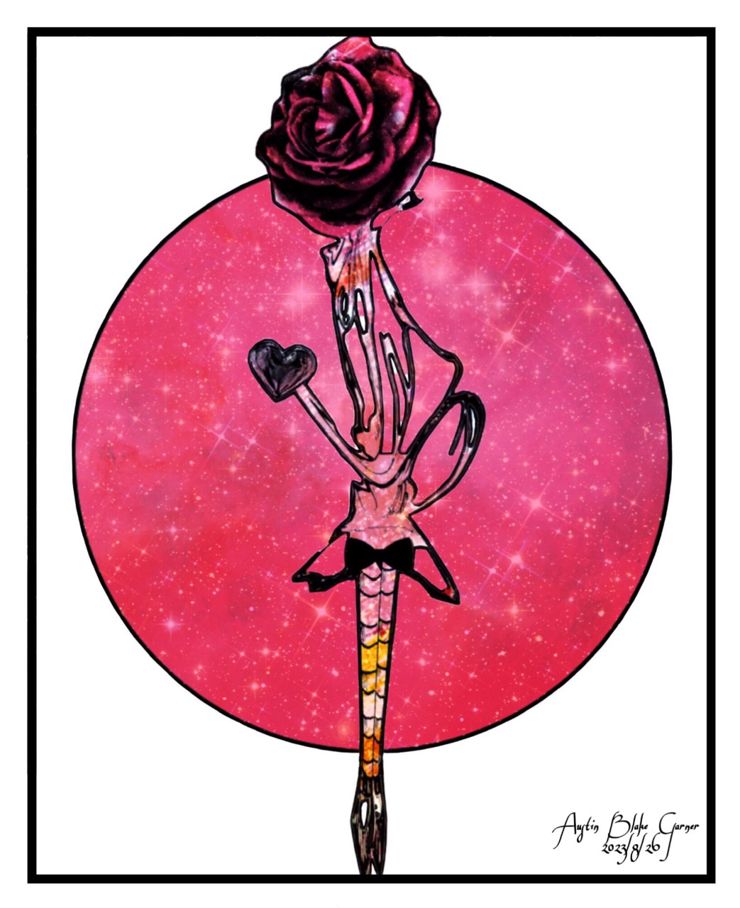 A white background with a black line border contains a black-outlined image of a dark pink rose. The stem of the rose transitions into the appearance of a body. One extension from the stem resembles an arm holding out a heart. The stem/slender body is wearing what looks like a short skirt with a black bow, and the bottom of the stem resembles two long legs on tiptoe, with striped stockings and black, pointed shoes. The rose figure is positioned in front of a large, black-outlined circle filled with sparkling white stars on misty, bright pink background.