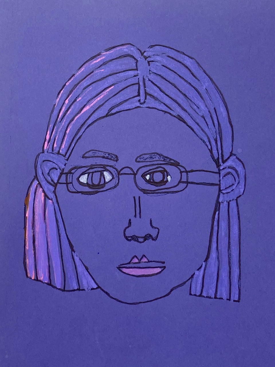  A simple, black line drawing shows a young woman’s face on a solid, violet-blue background. The hair is chin-length and straight, and she is wearing rectangular glasses. There are tints of pink and white color as highlights in her hair and on her lips, which are slightly parted. There is also color for the whites of her eyes. 