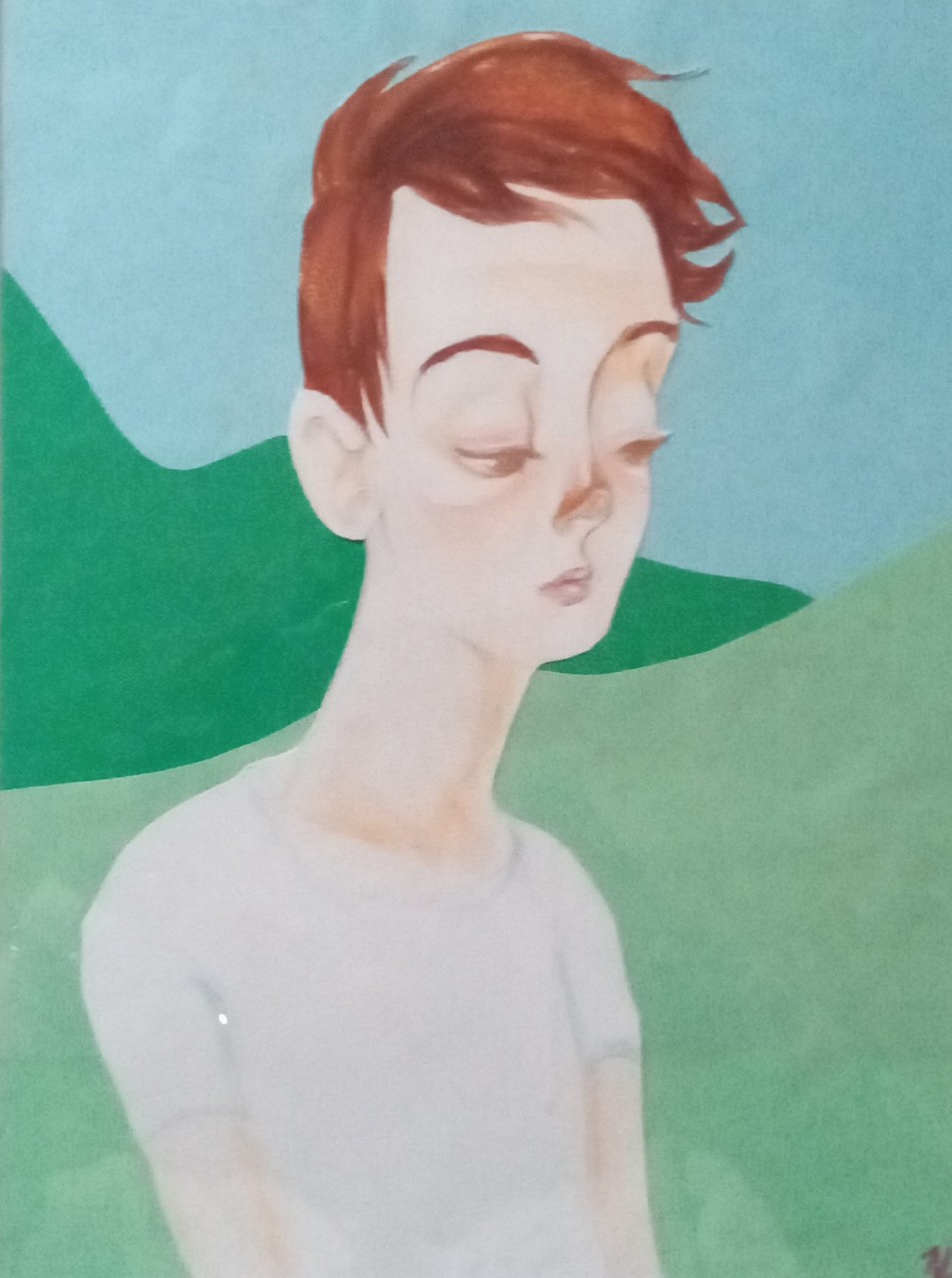 A painting shows a thin boy with an upturned nose and red-brown hair that appears to be blowing in the wind. He is wearing a white t-shirt and is looking down and to the left, his face appearing pensive or thoughtful. The background shows simple outlines of green hills against a blue sky.