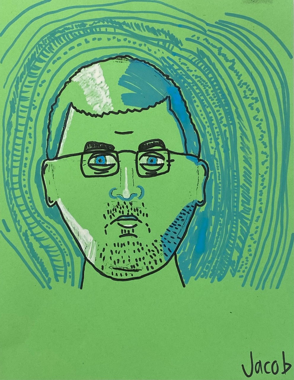 A green background features a black line drawing with blue and white highlights. It shows the face of a young man with chin and mustache stubble. He is wearing a serious expression and rectangular glasses and has thick eyebrows and blue eyes. His face is surrounded by expanding blue lines that hint at ripples of air or energy