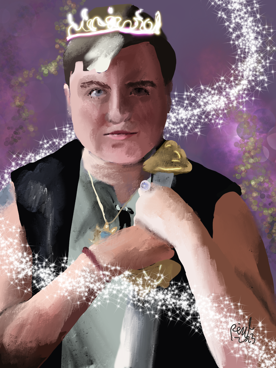 A colorful painting with a purple and gold background shows a young person with short, brown hair wearing a black sleeveless vest and white shirt. He has a glowing tiara on his head and holds a scepter. A trail of white sparkles wraps around him.