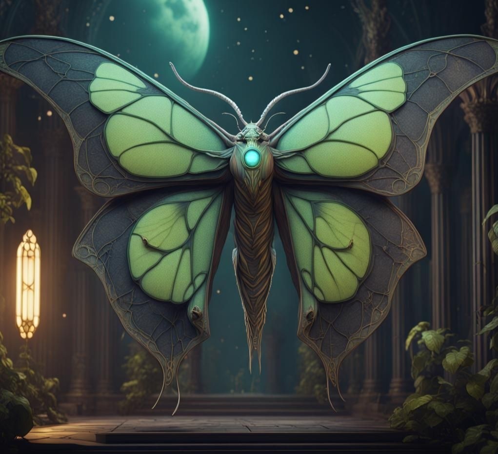 A digitally composed image shows a giant green and brown moth with wings spread. The background shows moon and stars visible through an elegant archway flanked by tall columns lining a paved surface, with greenery visible at the edges of the image. On the left, a narrow, classically-styled leaded window is glowing. 