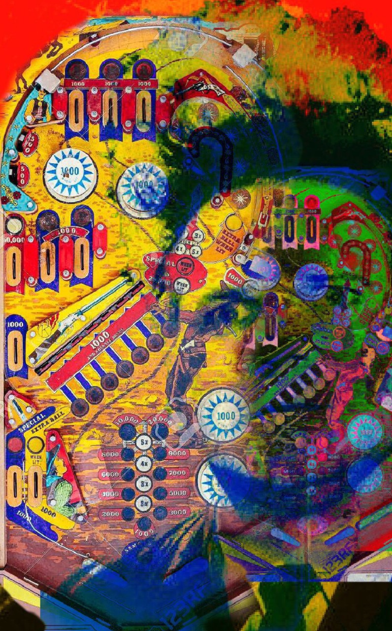 A colorful collage leans heavily on imagery from an old pinball machine. Splotches of darker colors and shadows obscure some of the image. The top corners of the image are obscured by red splotches.